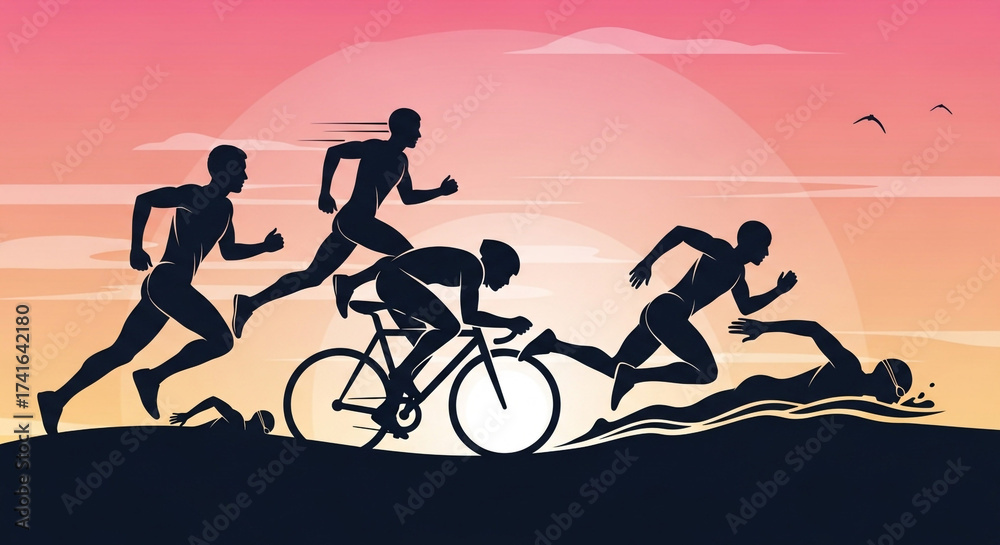 Obraz premium Dynamic athletes conquer swim, bike, and run challenges against a vibrant sunset, embodying peak human endurance and athletic spirit