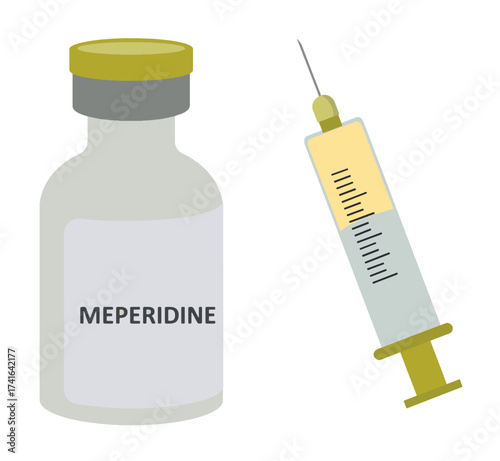 Illustration of a Meperidine injection vial and syringe. Medical pain relief concept showing narcotic analgesic medication used in hospitals for anesthesia and severe pain management.