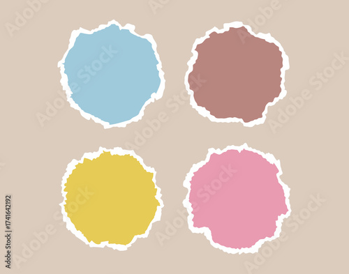 Torn piece of paper isolated circle shape. Piece of paper with a torn edge. Cute colors geometric shape with a white torn edge.