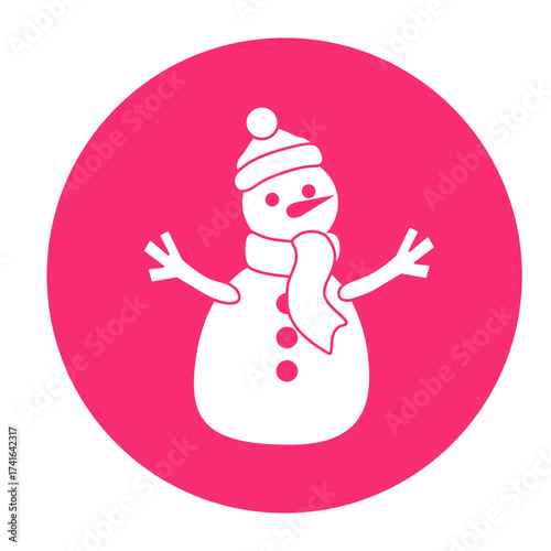 Silhouette of a snowman with a hat and scarf, negative space on a pink circle background for winter holiday celebration concept