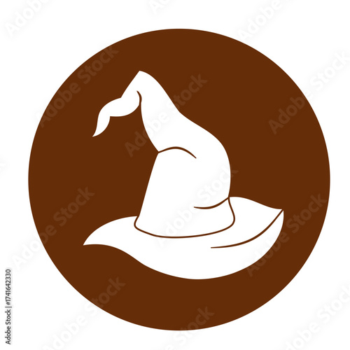 Silhouette of a witch's hat, negative space on a brown circle background for Halloween celebration concept