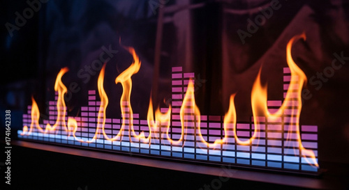 Vibrant flames dance across a dynamic audio equalizer display, creating a mesmerizing visual symphony of sound and fire.