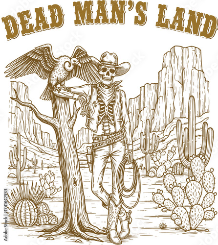 Skeleton Cowboy in Desert – Dead Man’s Land Vintage Western Illustration