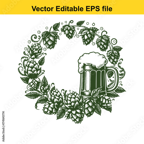 Vector art of beer mug and hops wreath, a refreshing drink surrounded by nature