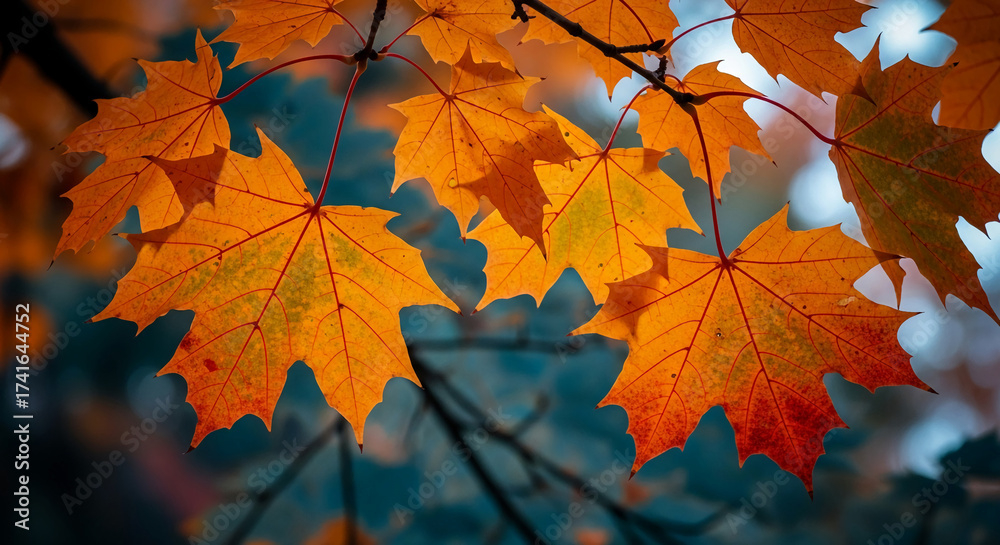 Fototapeta premium Close-up of orange maple leaves on branch, showcasing autumnal colors and leaf texture, symbolizing seasonal change and nature's beauty