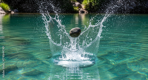 Dynamic moment of a rock impacting clear turquoise water, creating stunning splash and ripples, serene nature scene, perfect for peaceful projects