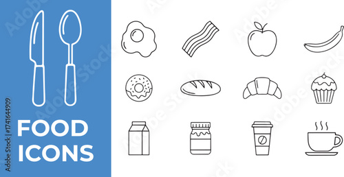 Breakfast & Food Outline Vector Icon Set.