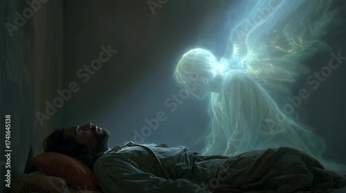 Joseph sleeping peacefully in a humble room as a glowing, ethereal angel leans over, whispering a divine message into his ear — serene and spiritual atmosphere.
