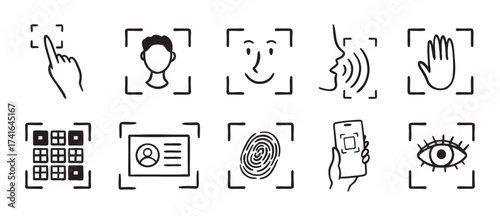 biometric scanning icon set. Identification individual by eye, fingerprint, or pass doodle hand drawn icon. Outline drawing ID verification line clipart symbol