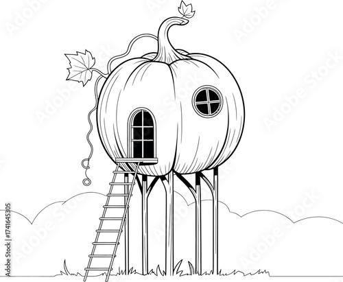 Whimsical pumpkin house on stilts.