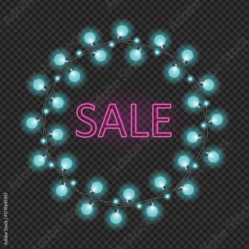 Neon sale banner in web colors with holiday lights wreath isolated on transparent background. Decorative pink and blue string lights wreath with neon Sale inscription, vector illustration