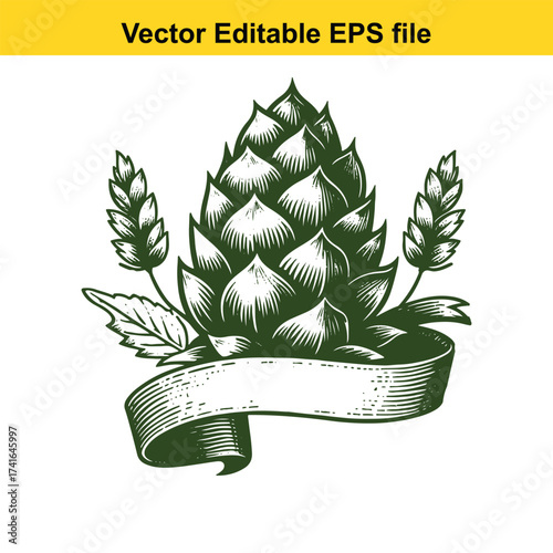 Vector art of hop cone with barley ears and banner