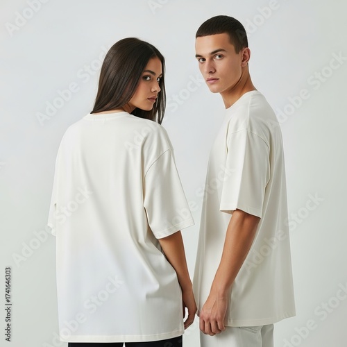 Back view of a fashionable man and woman in matching oversized plain white tees. A versatile unisex t-shirt mockup for apparel design, isolated on a studio background