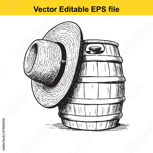 Vector art of straw hat on a wooden barrel