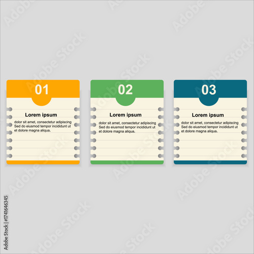 Business infographic with  steps using note paper design and icons