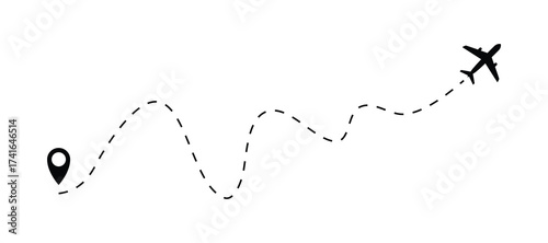 The plane icon follow from start pin point to finish by dashed line. Airplane dashed line path flat style design isolated on white background. Airplane route trace flight air map.