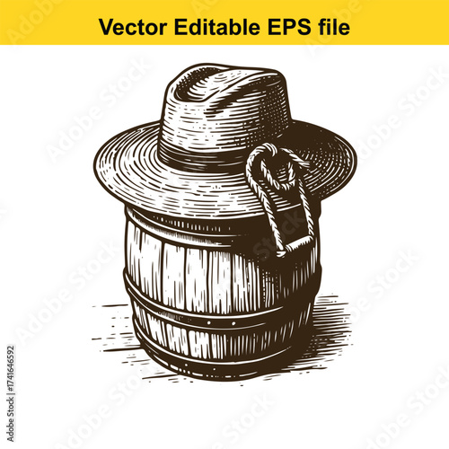 Vector art of wooden barrel with cowboy hat and rope