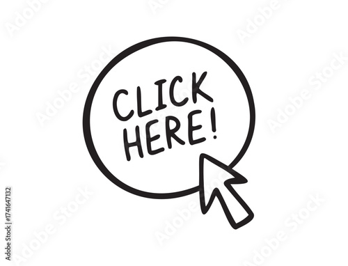 Click here doodle button. Hand drawn sketch cursor icon. Web site register Freehand drawing style