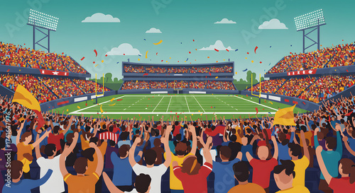 Wallpaper Mural A vibrant illustration of a packed stadium during a football game, filled with cheering fans under a bright, cloudy sky. Confetti is falling. Torontodigital.ca