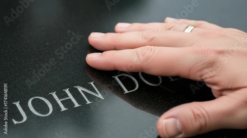 Memorial Day tribute shown with hand gently placed on a black granite tombstone. Memorial Day remembrance includes respect to those lost, hand over tombstone with engraved letters.