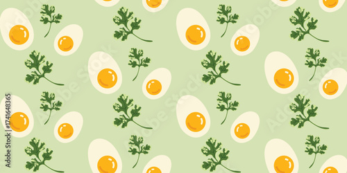 Eggs with parsley and cilantro seamless pattern. Concept of healthy eating and vegan design. Perfect for packaging, branding, and advertising materials