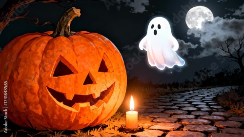 Cute ghost dancing over a carved Halloween pumpkin at night
