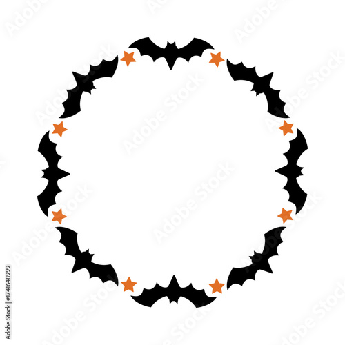 Halloween frame with bats and stars. Circle frame with copy space for text. Isolated decorative element for autumn holiday design, invitations, greeting cards, banners, posters