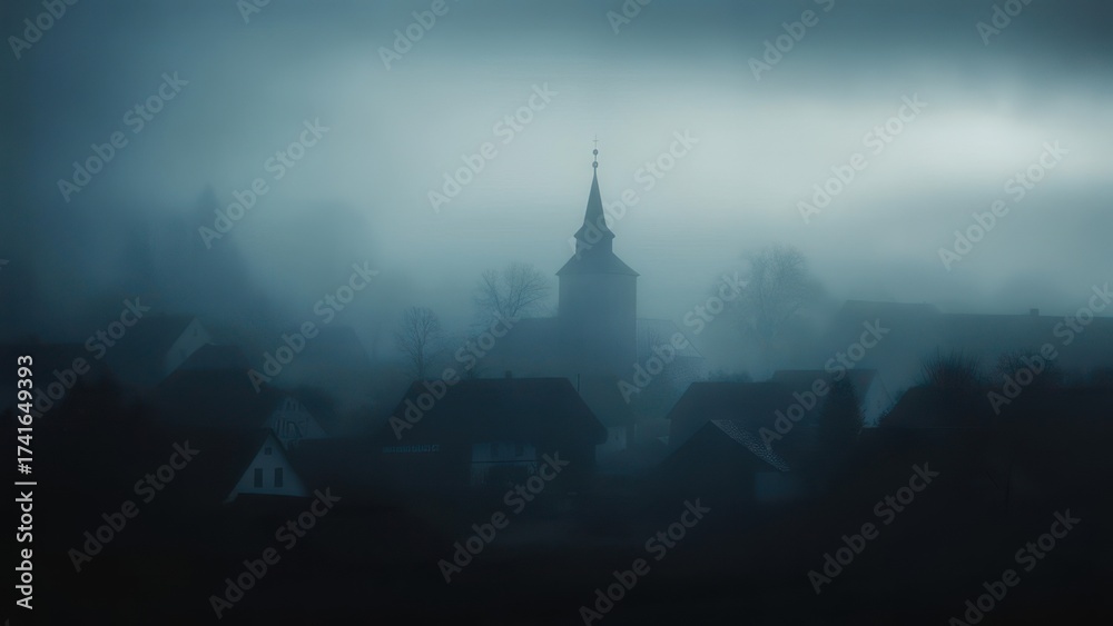 Fototapeta premium A village shrouded in thick fog, with a church spire piercing the mist. Silhouettes of buildings and trees are barely visible through the dense atmosphere