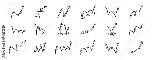 Bounce effect arrows doodle set. Manga and comic stile arrow design elements. Ball jump trajectory, ball motion expression