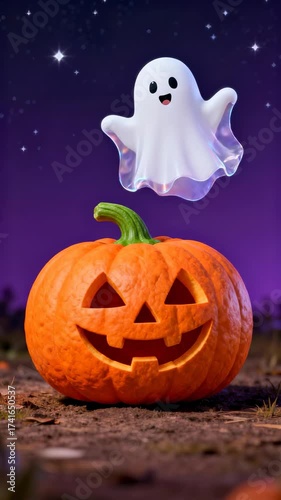 Cute ghost dancing over a carved Halloween pumpkin at night vertical story