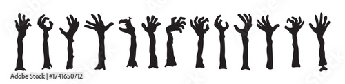 Zombie hands silhouettes. Halloween decor. Set doodle zombie hand