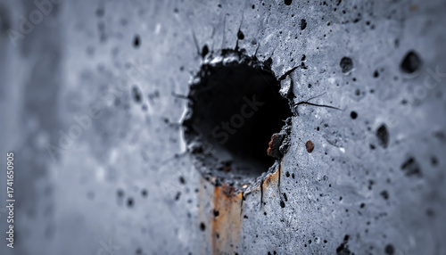 A Dark and Weathered Hole in Concrete Wall Showing Signs of Rust and Structural Decay