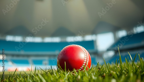 realistic close up on a red cricket ball in the grass. the background of a slightly blurred stadium. Generative AI