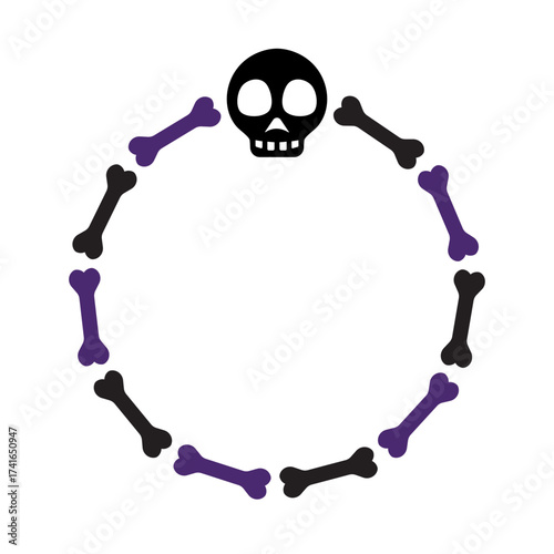 Halloween frame with scull and bones. Circle frame with copy space for text. Isolated decorative element for autumn holiday design, invitations, greeting cards, banners, posters