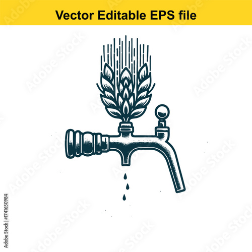 Vector art of beer tap with hop cones and dripping liquid