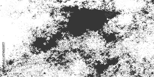 The abstract grunge black and white texture features a vintage floral pattern with an ink splatter border design on dirty paper