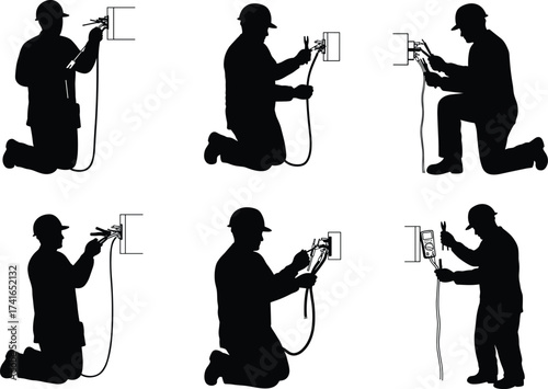 Electrician silhouettes, wiring poses, electrical repair, outlet installation, manual labor, construction art, workshop activity, industry work, safety training, maintenance illustration