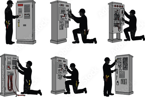Electrician silhouette, control panel work, technician with tools, electrical maintenance, wiring inspection, safety helmet, troubleshooting system, industrial job, energy repair, installation task