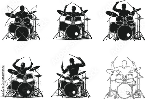 Black silhouette illustration, drummers playing drum kits, percussion instruments, music performance, concert, musicians, entertainment, artistic expression
