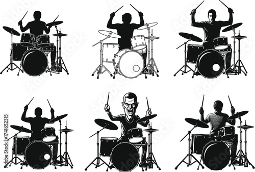 Black silhouette illustration, drummers playing drum sets, music performance, percussion instruments, concert, musicians, entertainment, artistic expression