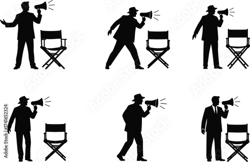 Black silhouette illustration, film directors, megaphone, director’s chair, leadership, communication, cinema, theatrical performance, authority concept