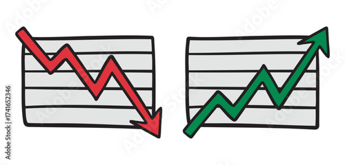 infographic chart fall and rise business up and down arrow icon doodle hand drawn. colorful cartoon line drawing clipart symbol business bust and boom 