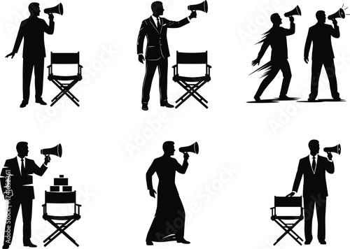 Black silhouette illustration, film directors, megaphone, director’s chair, leadership, communication, cinema, theatrical performance, creative authority