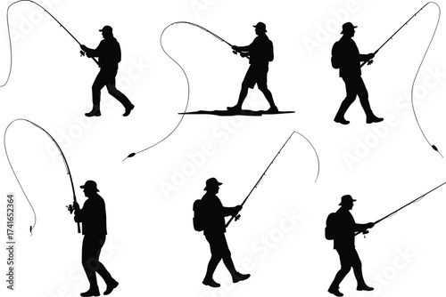 Black silhouette illustration, fly fishing, casting line, fishing rod, outdoor recreation, angling, sport fishing, motion technique