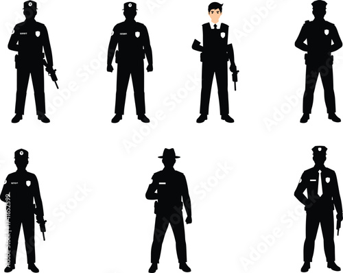 Black silhouette illustration, police officers, law enforcement, uniforms, guns, authority, security, protection, crime prevention, armed patrol