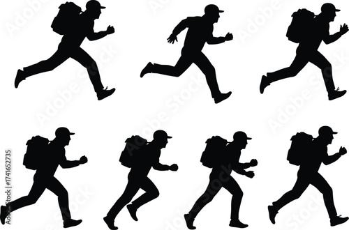 Running silhouette, athlete with backpack, jogging motion sequence, sports training, fitness concept, outdoor exercise, runner poses, active lifestyle, motion analysis, biomechanics study