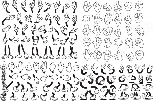 Retro cartoon legs and hands, Hands with gloves and feet with boots, various poses for characters, a set of poses, gestures, placement of hands and feet. Mascot character set. Cartoon set of limbs.eps