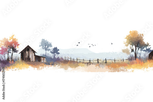 Watercolor landscape painting of a rural scene featuring a barn and trees ideal for backgrounds and decorative use