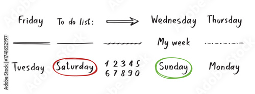 My week handwritten names days and numbers, underlines. Doodle hand drawn set