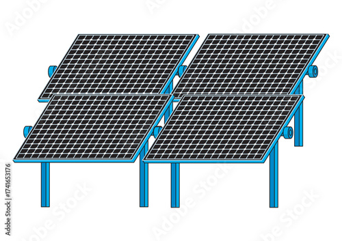 Stylized flat illustration of four photovoltaic solar panels mounted on a blue metal rack at angle capturing sunlight for sustainable energy systems. Isolated on white background!!
